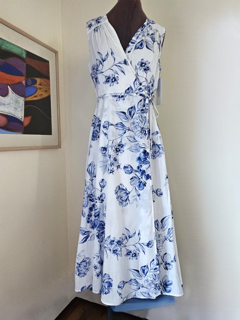 Calvin Klein Faux-Wrap Cotton Midi V-Neck Sleeveless Summer/Spring Dress Sz8 New